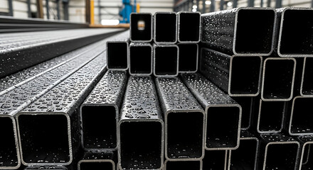 Stack of Rectangular Metal Steel Tubes Displaying Their Geometric and Industrial Beauty