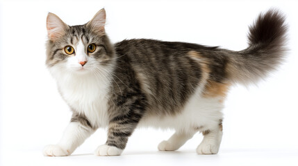 Obraz premium 白い背景に立つ、ふわふわの毛並みが愛らしい子猫の横向き全身ショット