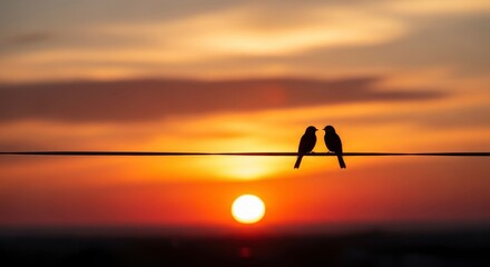 Two bird silhouettes perch on a wire, gazing at each other against a breathtaking sunset with vibrant orange and red skies and a glowing sun.