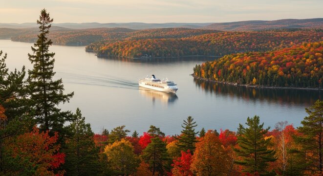 Serene Autumn Landscape with Cruise Ship Sailing through Calm Waters Surrounded by Vibrant Foliage - Powered by Adobe