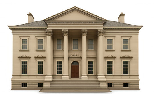 Majestic neoclassical building isolated on transparent background, featuring prominent columns, a grand entrance, and a stately facade