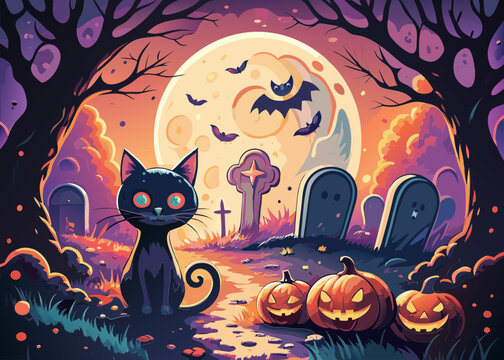 festa di Halloween, gatto nero, cimitero, ossa e zucche 09