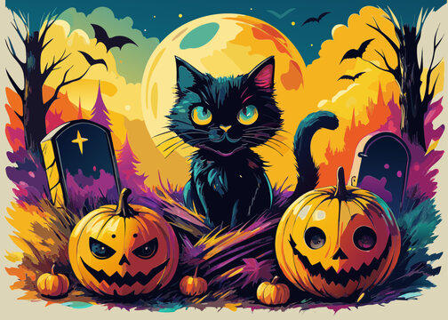 festa di Halloween, gatto nero, cimitero, ossa e zucche 07