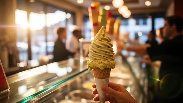 General Food & Beverage Delicious Soft Serve Ice Cream Cone in Cozy Cafe with Warm Sunset Light