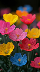 Fototapeta premium Vibrant and enchanting natural garden scene, showcasing multitude of diverse colorful flowers in full bloom, including striking pink, red, yellow, and blue petals with delicate stamen, set against sof
