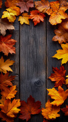 Vibrant autumn leaves in spectrum of red, orange, and yellow gracefully frame rustic, dark weathered wooden background.