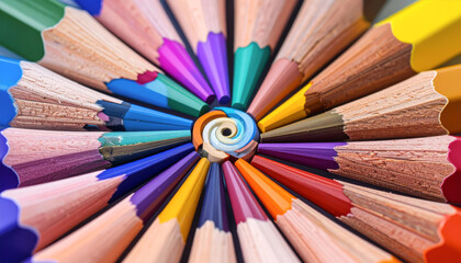 An artistic swirl of vibrantly colored pencils creates a visually engaging and inspiring artistic background for creativity and design