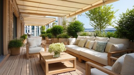 Fototapeta premium Elegant Retreat Sunny Terrace with Stylish Outdoor Furniture, Lush Plants, and Relaxing Awning
