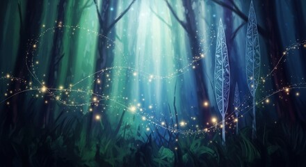 Obraz premium Enchanted forest with magical glowing particles and stylized plants, bathed in ethereal light, creating a mystical and fantasy atmosphere.