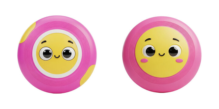 Cartoon pink circular characters with yellow centers and expressive faces, resembling donuts or toy buttons, perfect for playful branding, kids&rsquo; media, or decor