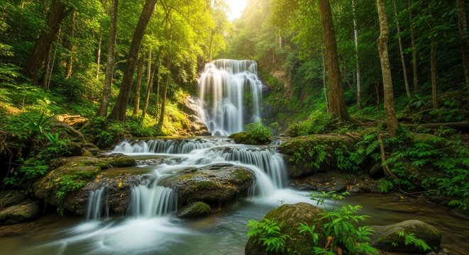 Majestic waterfall in a vibrant, sun-drenched forest, with water gracefully flowing over moss-covered rocks, capturing the serene beauty of nature.