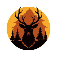 Stag or Deer Head Silhouette with Pine Forest - Vintage Outdoor Logo

