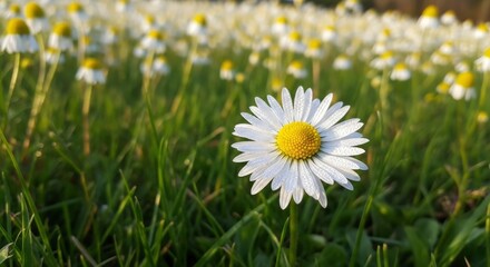 Fototapeta premium A close-up of a beautiful daisy covered in morning dew drops, standing prominently in a vibrant green field of blurred wildflowers under a soft, golden light.