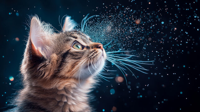 Enchanting profile of young tabby cat with bright green eyes, mesmerized by cascade of sparkling blue dust and illuminated whiskers in dreamy, cosmic setting