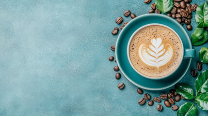 Top-down view of vibrant latte art coffee cup on teal background, adorned with scattered roasted coffee beans and fresh green leaves, perfect for cozy morning beverage concept.