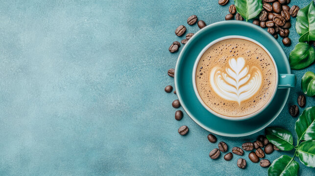 Top-down view of vibrant latte art coffee cup on teal background, adorned with scattered roasted coffee beans and fresh green leaves, perfect for cozy morning beverage concept.