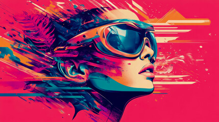Naklejka premium Vibrant and Dynamic Abstract Portrait of Woman Wearing Futuristic Goggles, Featuring Explosion of Neon Colors, Bold Brushstrokes, and Digital Glitch Art, Capturing Sense of Speed, Innovation, and Mode