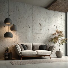 Modern concrete living room with sofa and pendant lights