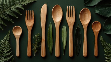 Natural wooden cutlery arranged with greenery