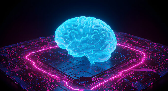 Futuristic glowing blue brain hologram on a neon lit digital platform