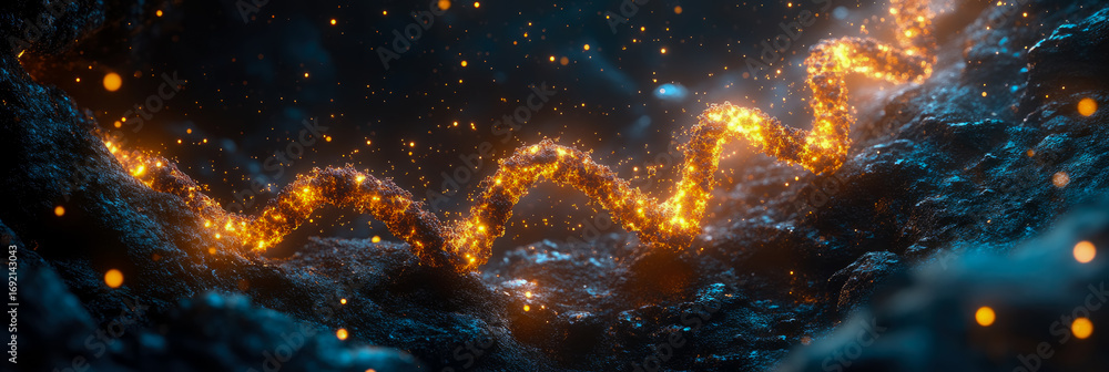 Poster ethereal golden particle helix winding through deep cosmic abyss, illuminating dark textured terrain