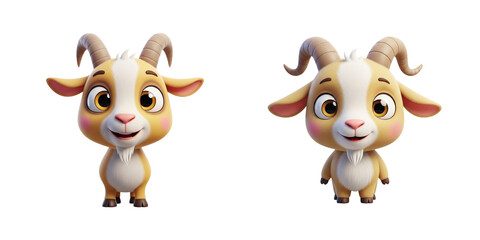 Naklejka premium Cartoon goats with curved horns, blush cheeks, and friendly smiles, perfect for farm-themed illustrations, children’s books, and animal character design