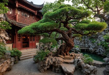 Asian garden scene with a large bonsai, traditional architecture