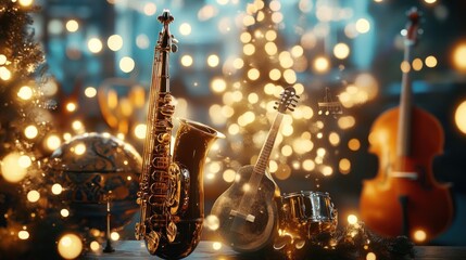 Festive musical instruments with Christmas lights