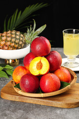 Fresh Red Nectarines with Yellow Heart in Bamboo Basket - Tropical Fruit Display