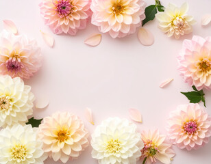 Fototapeta premium パステルカラーのダリアが並ぶ柔らかな背景イラスト コピースペース付き