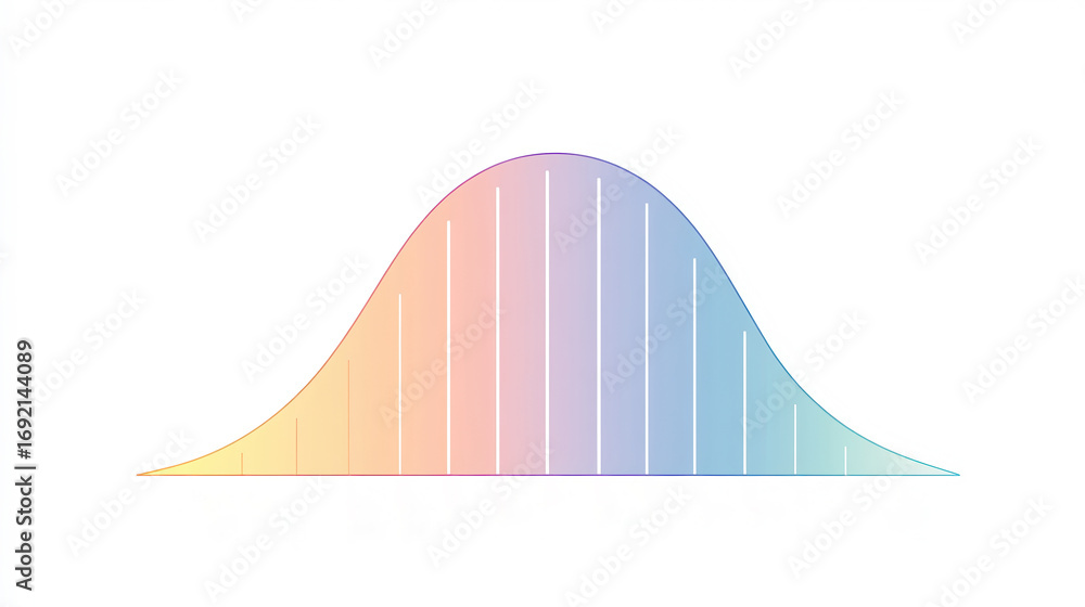Poster a smooth, colorful bell curve representing a normal distribution, with vertical lines indicating dat