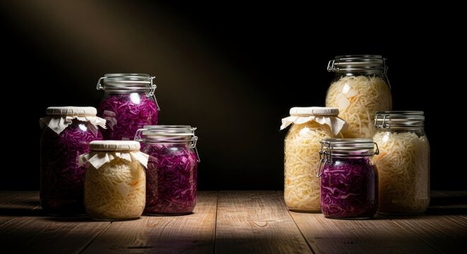 Jars of homemade fermented white and red cabbage (sauerkraut) on a rustic wooden table against a dark background, showcasing healthy, probiotic-rich food.