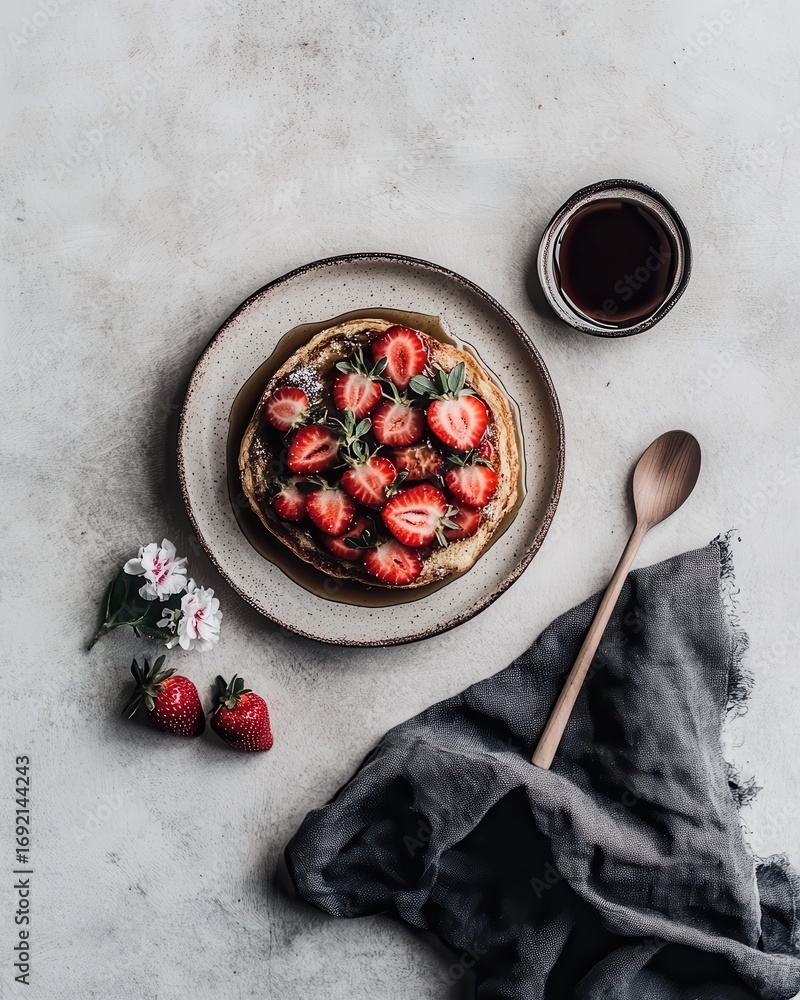Poster delicious pancakes topped with fresh strawberries and syrup on a rustic table setting