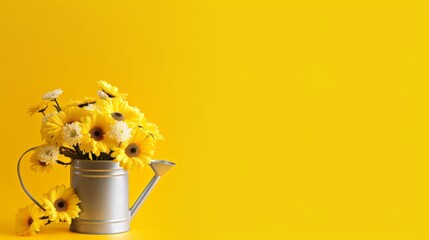 Beautiful spring flowers in yellow watering can on yellow background with copy space