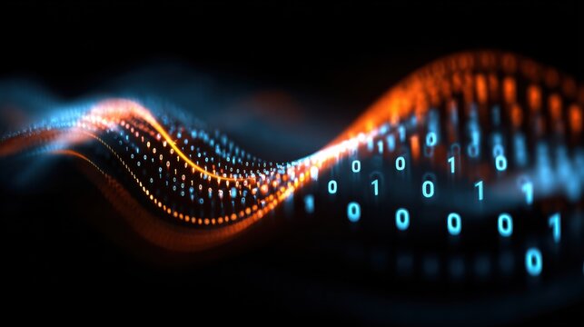 Binary code wave with orange and blue light