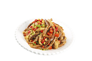 Spicy Cold Eggplant Salad with Dried Vegetables and Chili Peppers on White Plate