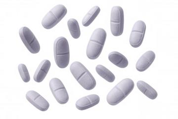 Multiple white pills falling against a transparent background, creating a dynamic and medical-themed visual