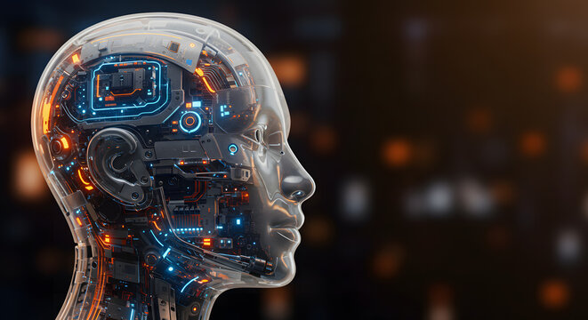 Transparent humanoid head revealing intricate circuitry and artificial intelligence brain components - Powered by Adobe