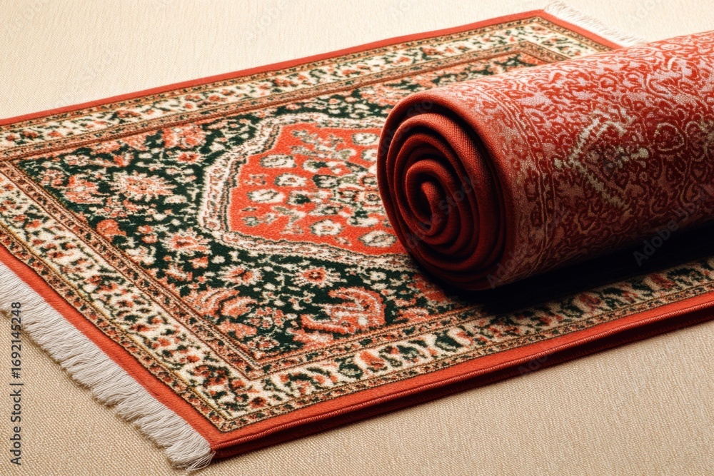 Aufkleber elegant rolled rug with intricate patterns and rich colors displayed on a neutral background
