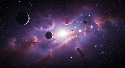 Space nebula with planets and bright starlight