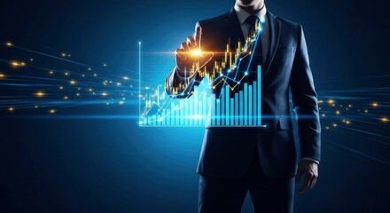 A businessman interacts with a glowing, futuristic financial graph showing growth and success. Represents data analysis, market trends, investment, and technology in business.