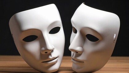 Two theatrical white masks leaning against each other on wooden surface symbolizing emotional drama performance identity and artistic cultural expression