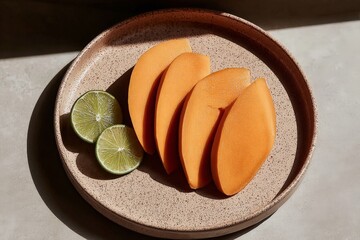 Fresh sliced mango and lime on a ceramic plate in sunlight