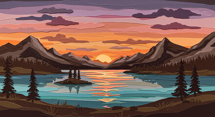 Naklejka premium Sunset over lake and mountains landscape scene