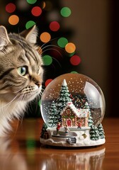 Fototapeta premium Cat looking curiously at snow globe with Christmas scene inside