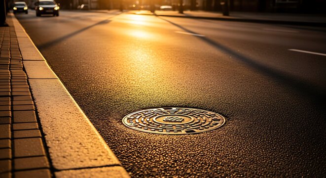 Sunset City Street Scene Manhole Cover at Golden Hour