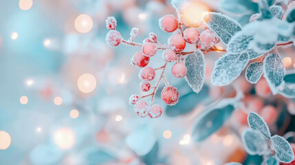 Captivating winter scene with frosted branch, vibrant red berries, and icy green foliage, bathed in soft glow of warm bokeh lights and cool blue ambiance