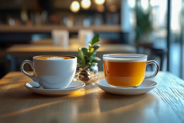 Obraz premium Steaming coffee cup with latte art next to an orange drink in glass. Cozy cafe setting, wooden table, warm sunlight.