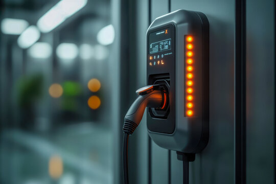 Modern electric vehicle charging station wallbox connected indoors. Orange lights and digital display show active power supply for sustainable transport. - Powered by Adobe