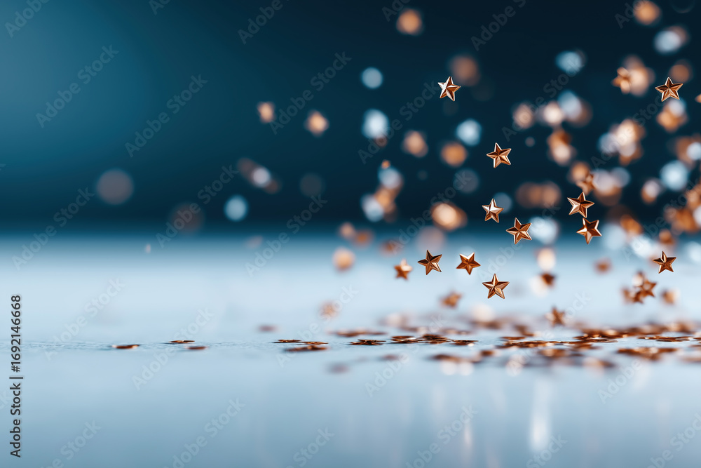 Poster glittering stars float dreamily across soft blue bokeh background creating magic.